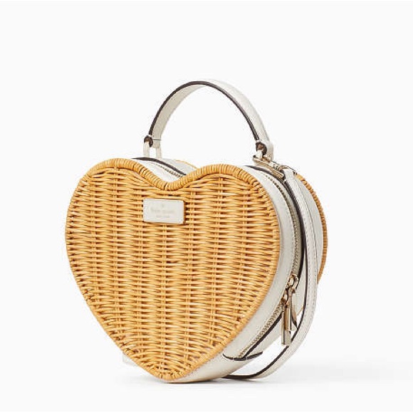 KATE SPADE Tan Wicker White Leather Heart Shaped Love Shack Woven Crossbody Bag - Picture 17 of 17
